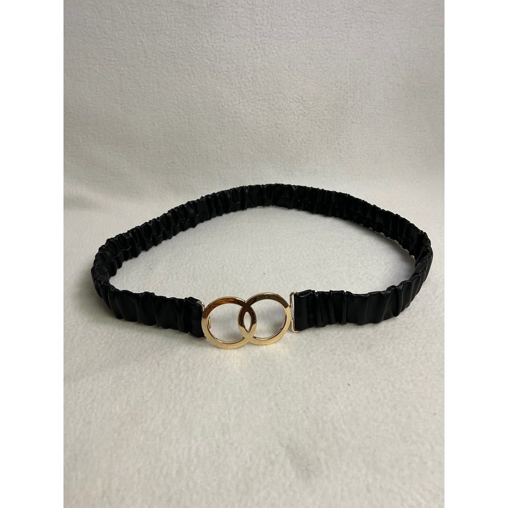 Chic Minimalist Womens 1X-2X Black Ruched Elastic Double Ring Cinch Belt